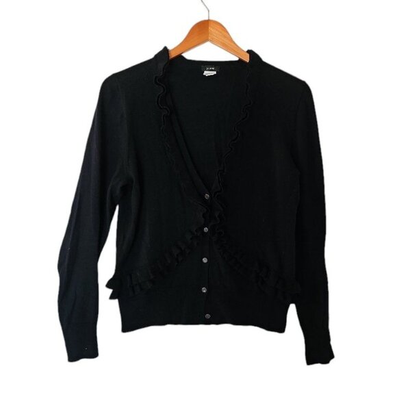 J. Crew Black Cardigan 100% Merino Wool‎ L Large Ruffle Lightweight Soft - Picture 2 of 11